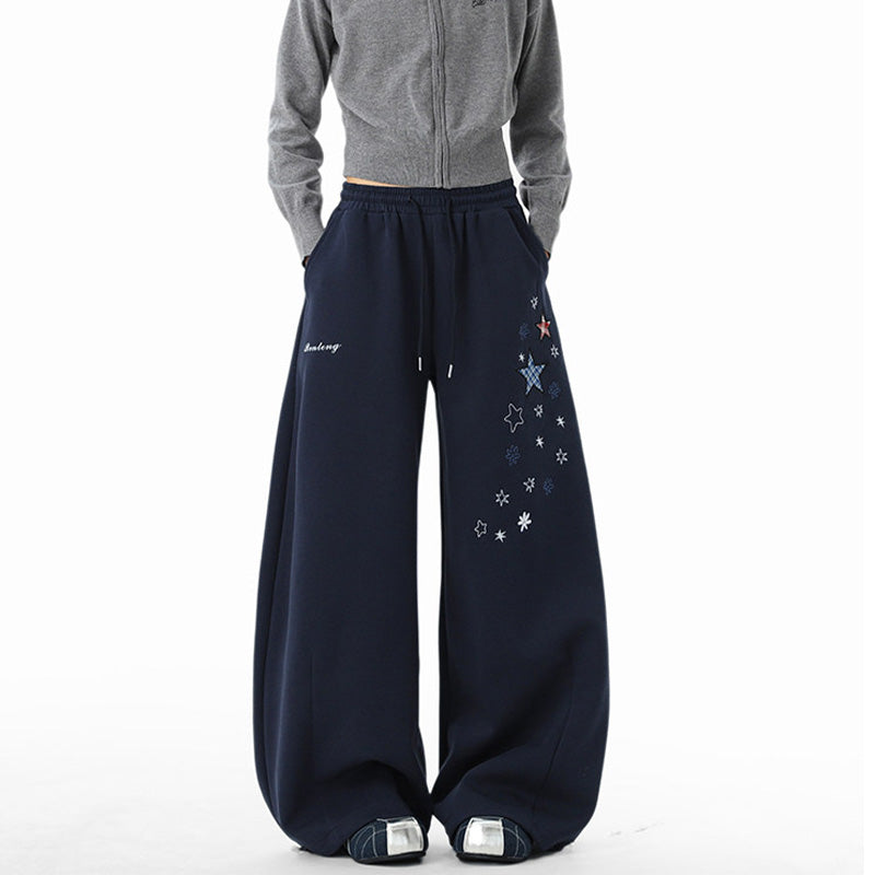 REINAREA Unisex Winter American Star Embroidered Loose Wide Leg Sweatpants