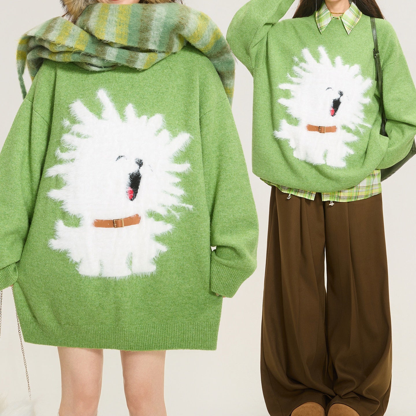 REINAREA Puppy Jacquard Sweater Women’s Green Loose-Fit Knit Top for Fall & Winter【086】