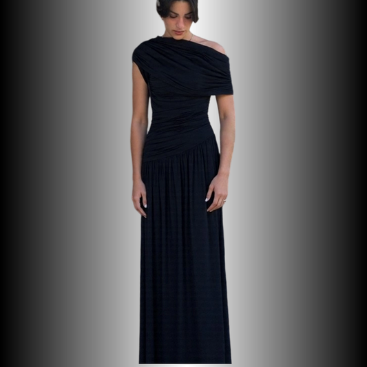 REINAREA New Spring & Summer  Women Asymmetrical Shoulder Ruched Long Dress