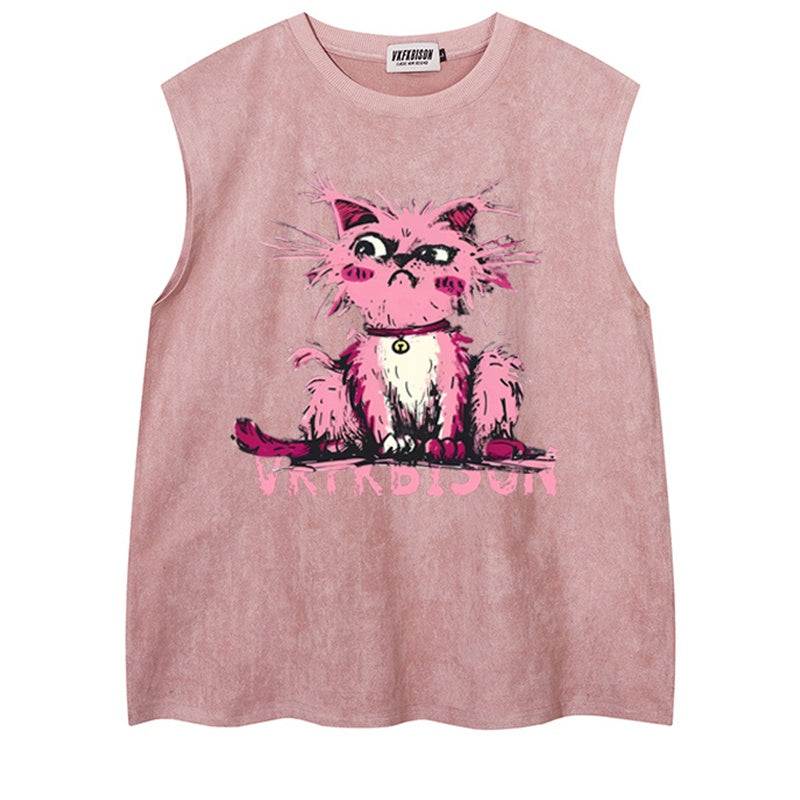 REINAREA Hand-Painted Cat Print Suede Sleeveless T-Shirt - Unisex Athletic Tank Top【076】