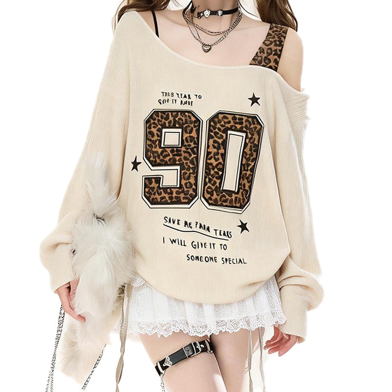 REINAREA New Spring Summer Women Leopard Print Off-Shoulder T-Shirt Long Sleeve Top