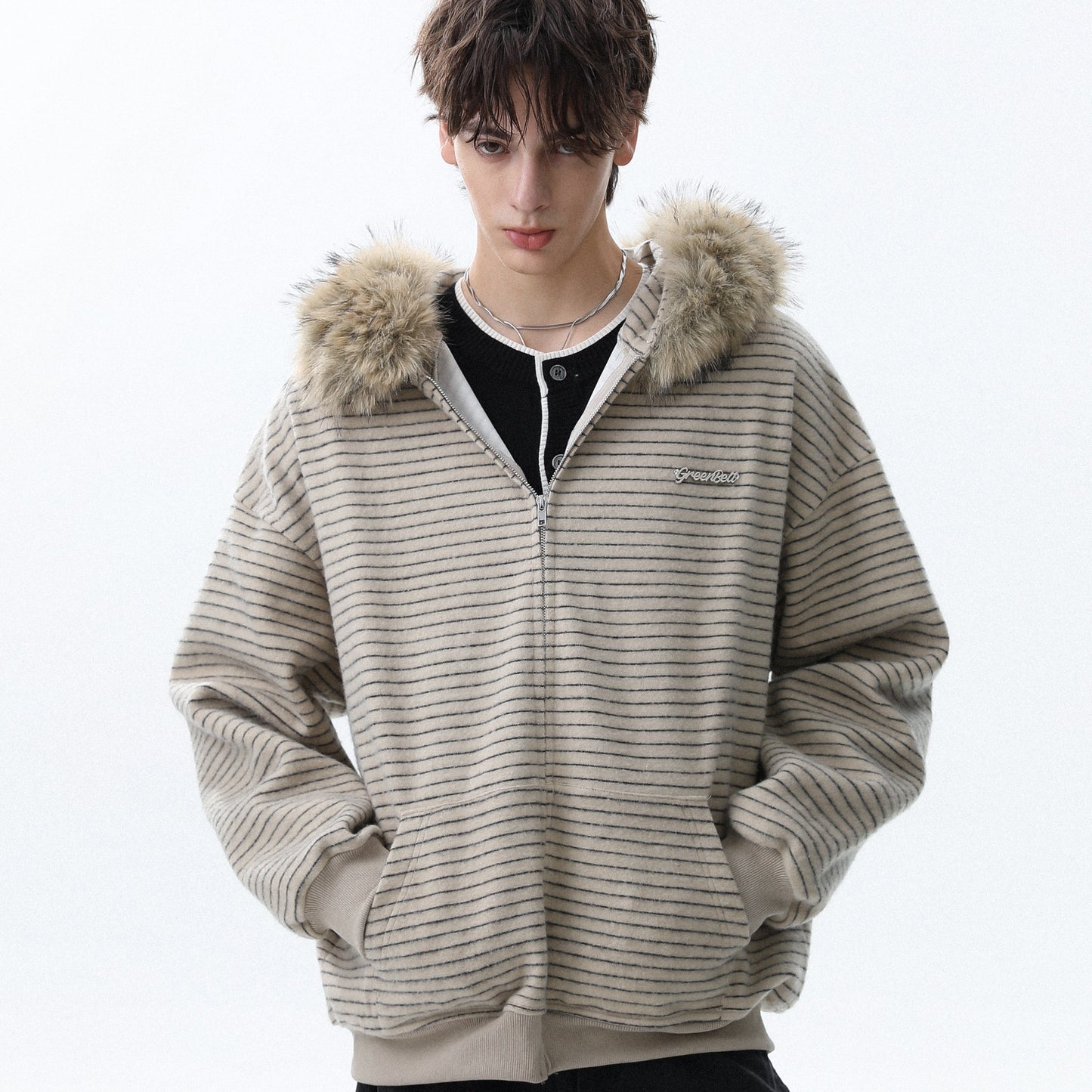 REINAREA Men's Striped Fleece Hoodie Zippered Cardigan with Removable Fleece Collar