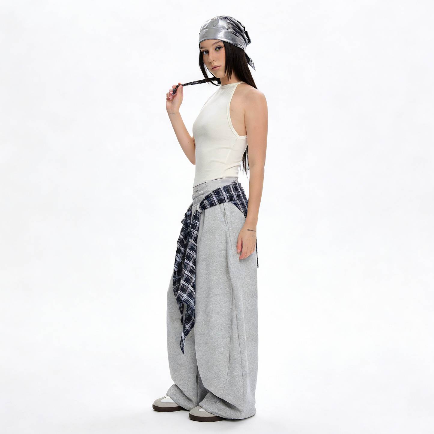 REINAREA Women's American Retro Plaid Sweatpants Loose Wide-Leg Curved Pants【112】