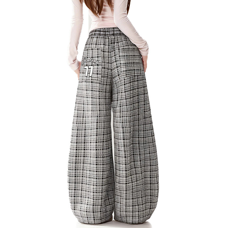 REINAREA New Spring Summer Women's Plaid Curved Pants Pleated Elastic Waist Trousers