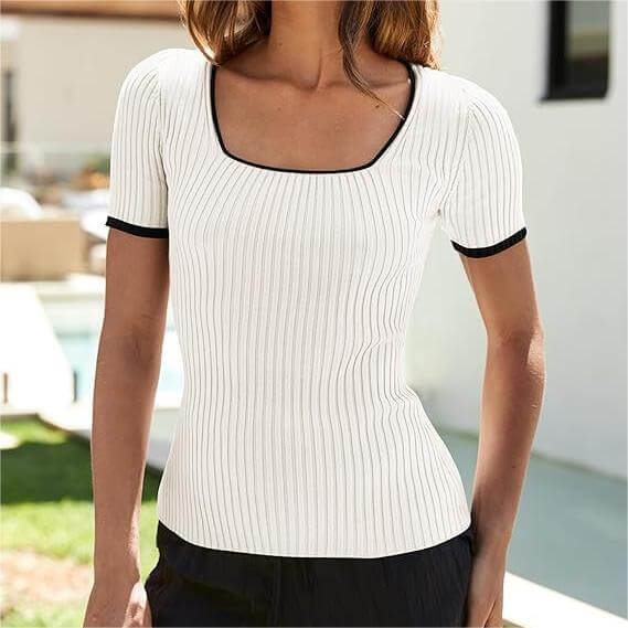 Square Neck Color Block Slim Fit Ribbed Knit T-Shirt