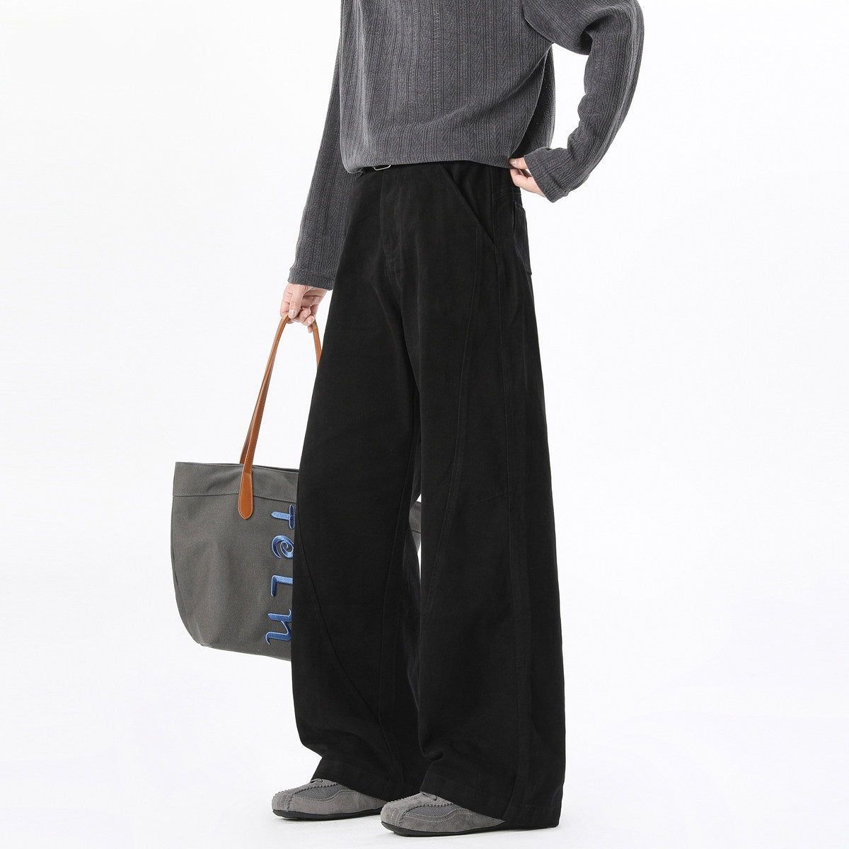 REINAREA Unisex Curved Hem Cargo Pants Retro Loose Casual Track Trousers