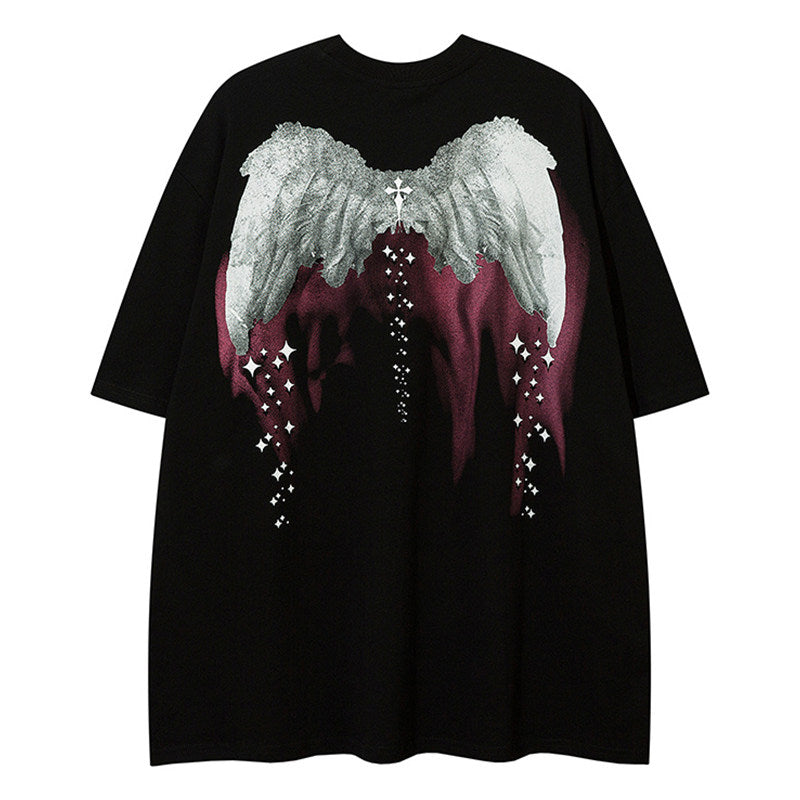 REINAREA Ink Wash Painting Angel Wings Print T-Shirt Unisex American Street Style Cotton Short-Sleeve Top