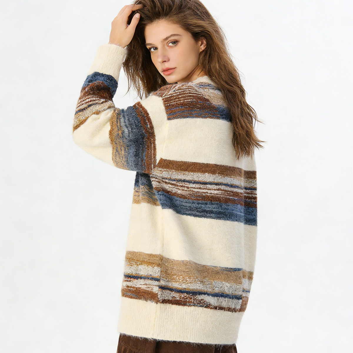 REINAREA Loose Striped Knitted Cardigan Women Casual Knit Sweater