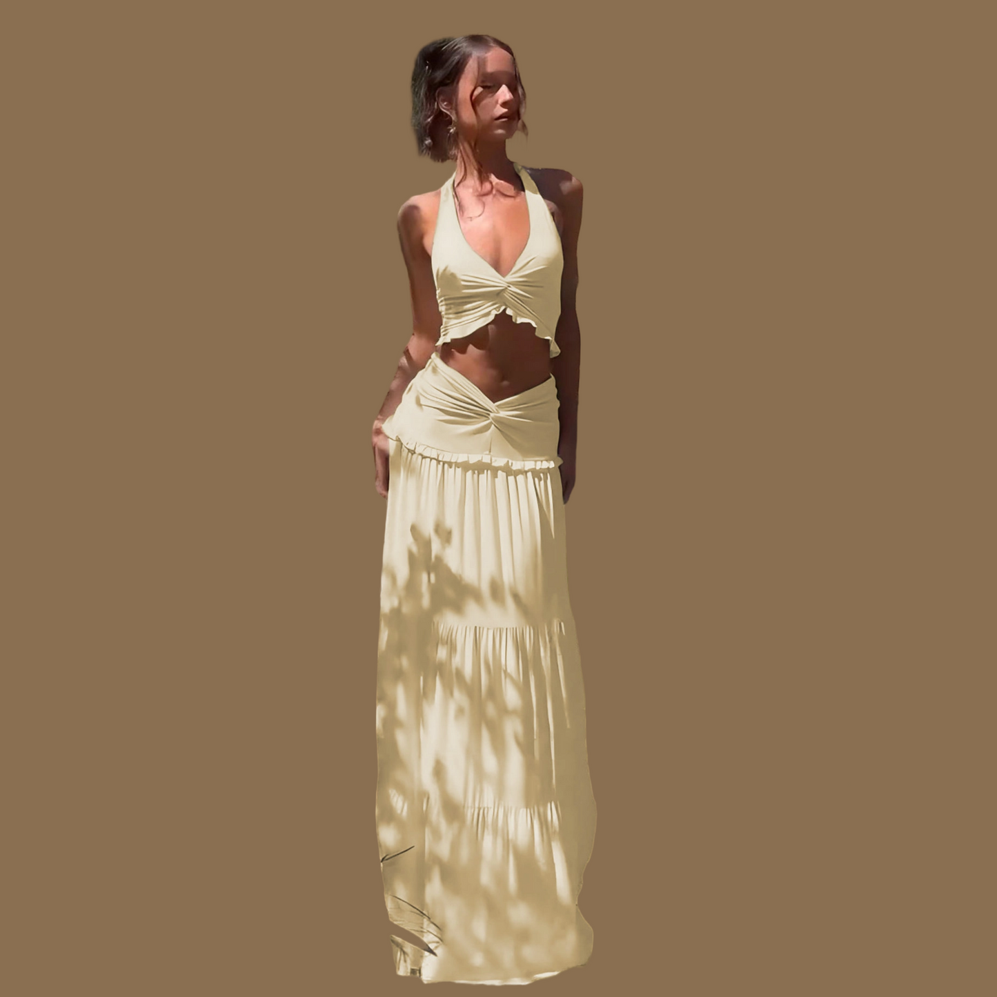 REINAREA Women Vacation Style Knot Halter Tie Top & V‑Shape Long Skirt 2 Piece Set