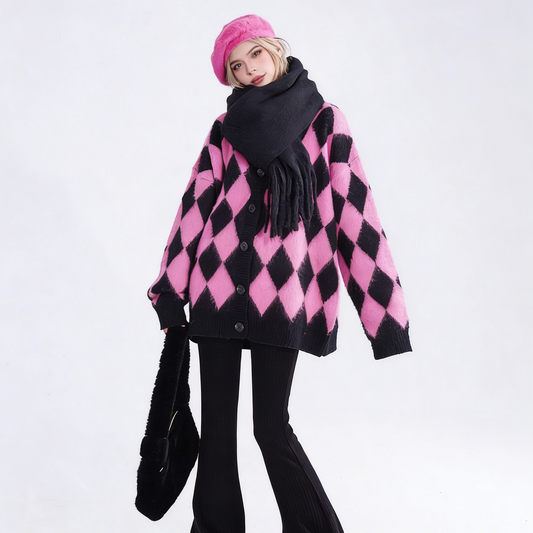 REINAREA Pink Argyle Mohair Cardigan for Women V-Neck Warm Knitted Top 【084】