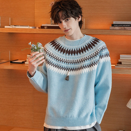 Fair Isle Crewneck Sweater Unisex(Light Blue, Gray)