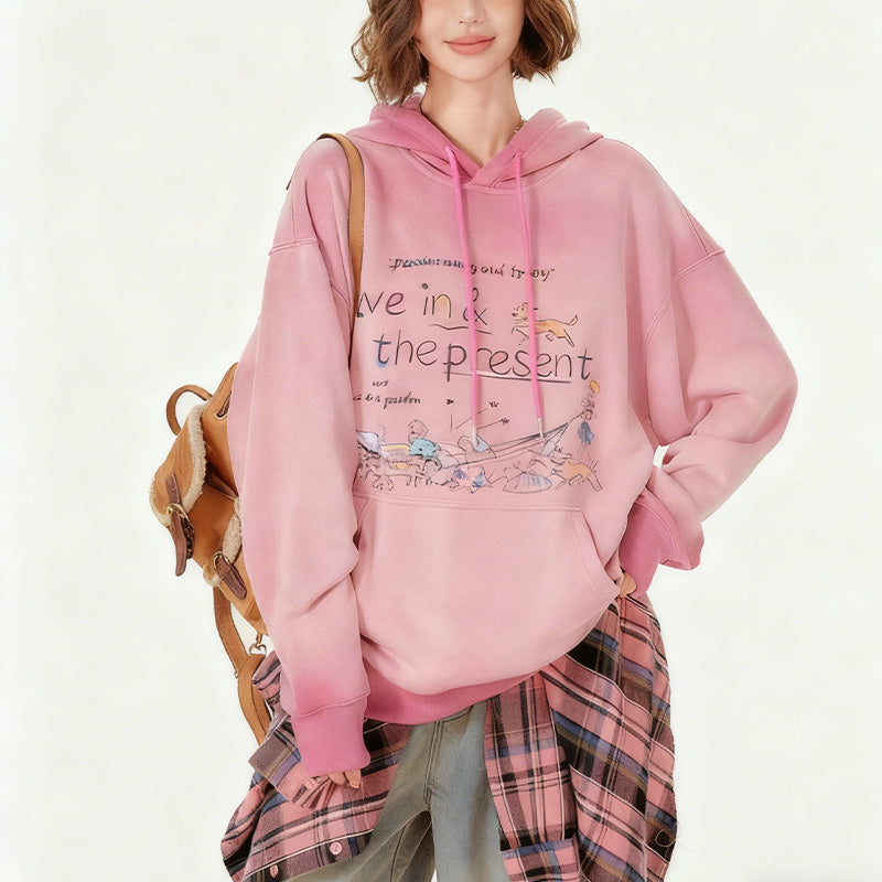 REINAREA Women’s American Retro Hooded Sweatshirt - Printed, Washed Vintage Loose Top