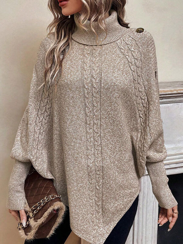 High Neck Button Up Long Sleeve Batwing Sweater