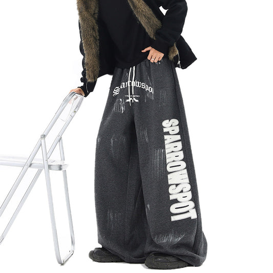 REINAREA Streetwear Sweatpants  Unisex Retro Letter Print Loose Wide-Leg Casual Pants