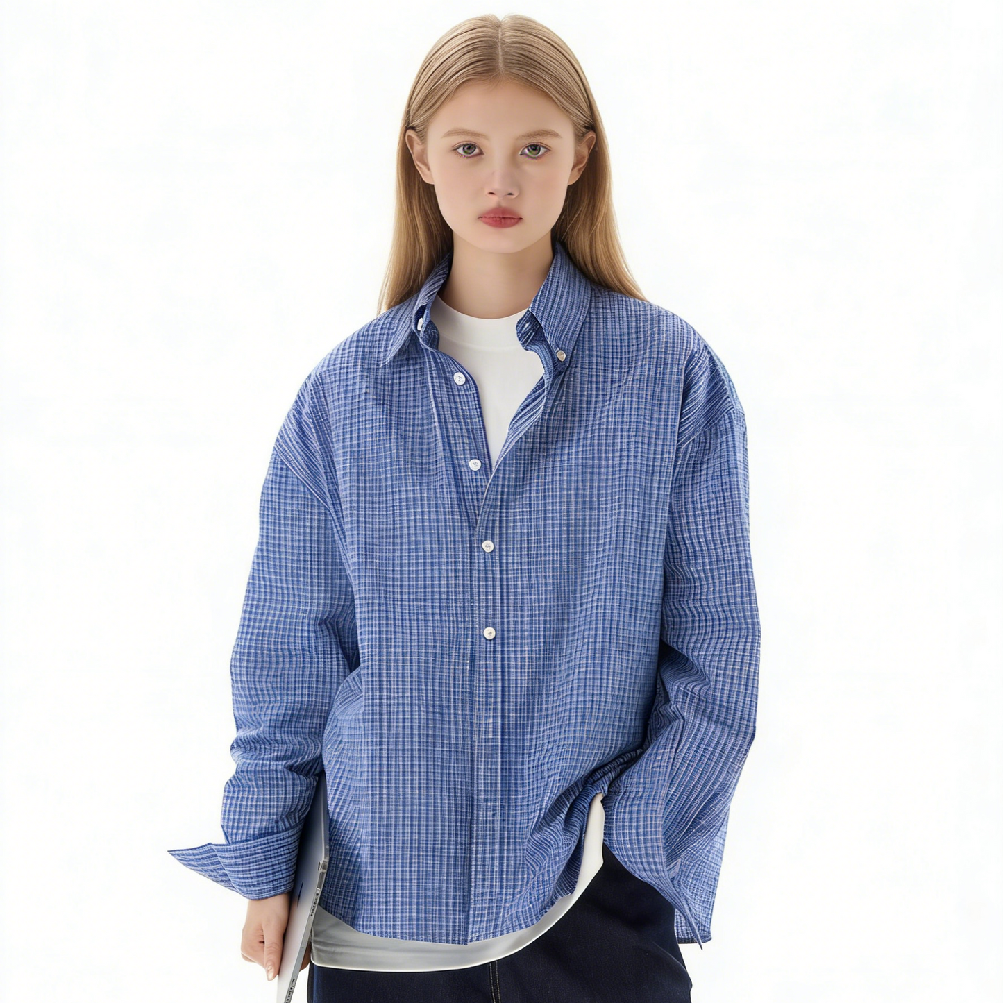 REINAREA Unisex American Retro Blue Plaid Long-Sleeve Shirt - Casual Couple Style Shirt Jacket【070】