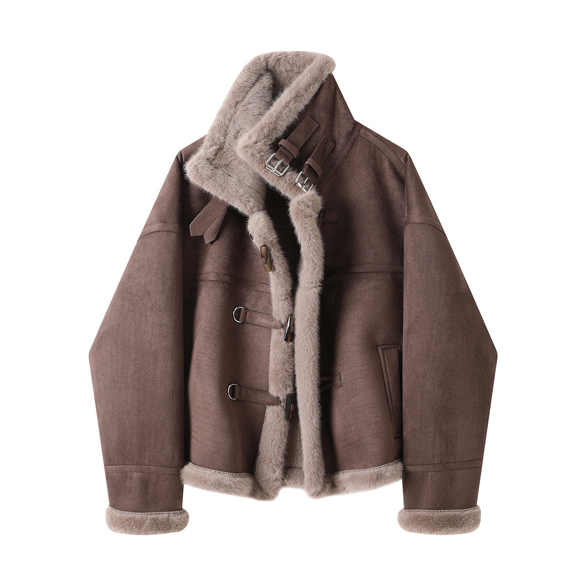 REINAREA Women's Fur Integrated Shearling Jacket Winter Suede Biker Short Stand Collar Coat
