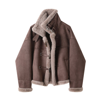 REINAREA Women's Fur Integrated Shearling Jacket Winter Suede Biker Short Stand Collar Coat
