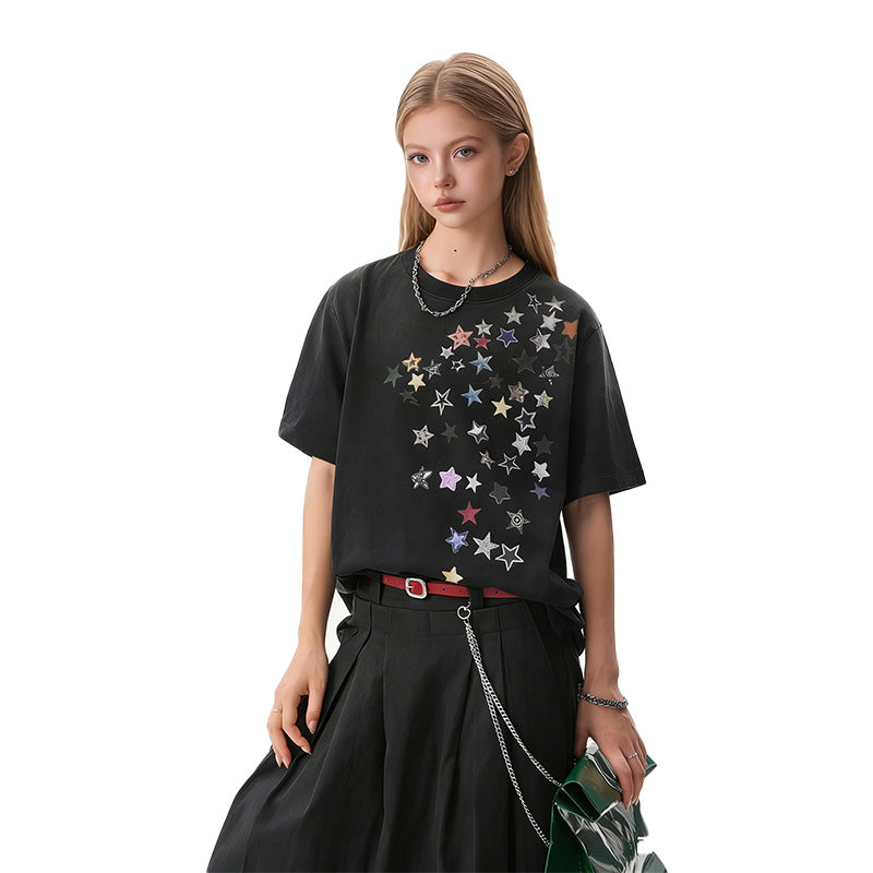 REINAREA Unisex Star-Printed Short-Sleeve T-Shirt Casual Couple’s Half-Sleeve Top