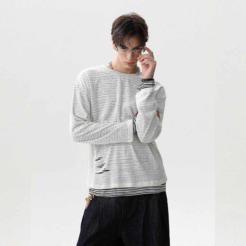 REINAREA Unisex Distressed Striped Layered-Look Long-Sleeve T-Shirt Casual Top