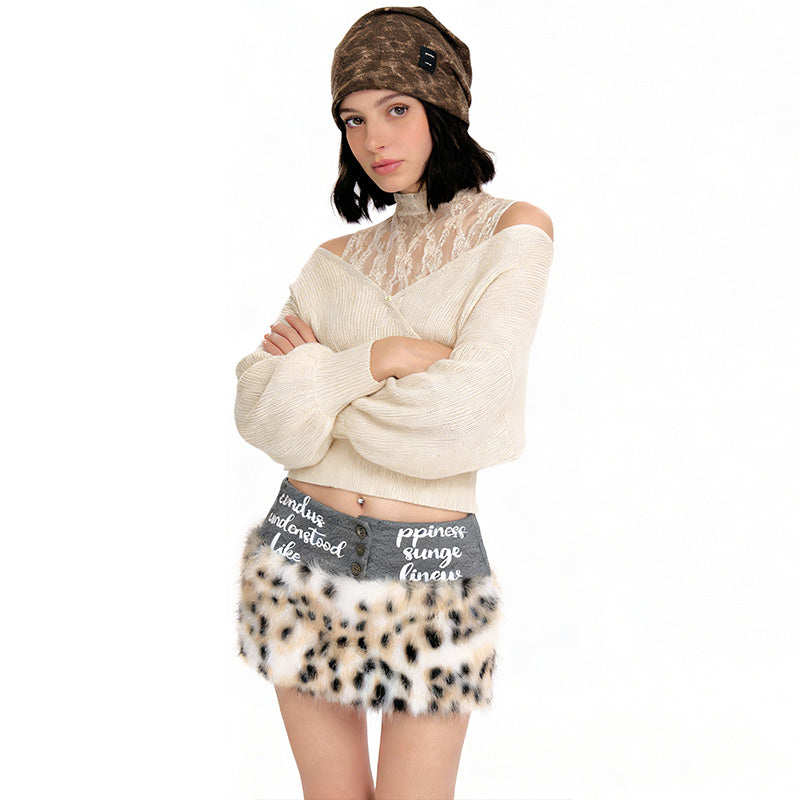 REINAREA Women's Fake Two-Piece Cold Shoulder Top One-Shoulder Patchwork Knit Blouse【111】