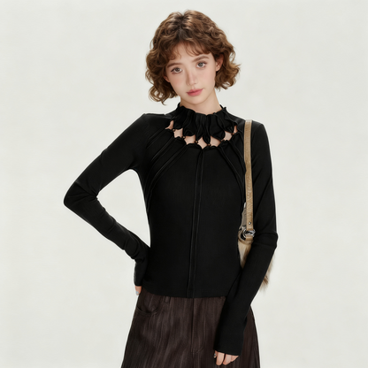 REINAREA Women’s New Vintage Y2K Hollow-Out Long Sleeve T-Shirt Top【023】