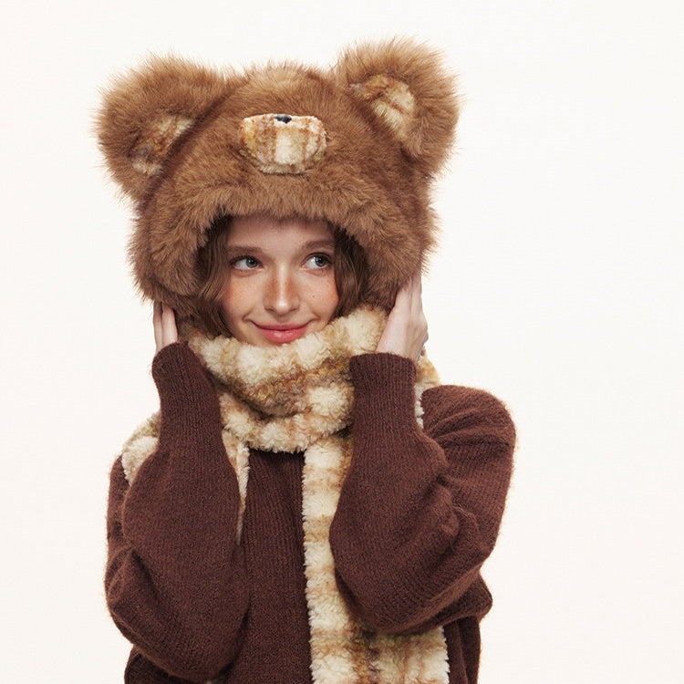 REINAREA  Women's Bear Ear Plush 3-Piece Set Winter Warm Hat Scarf Gloves Combo