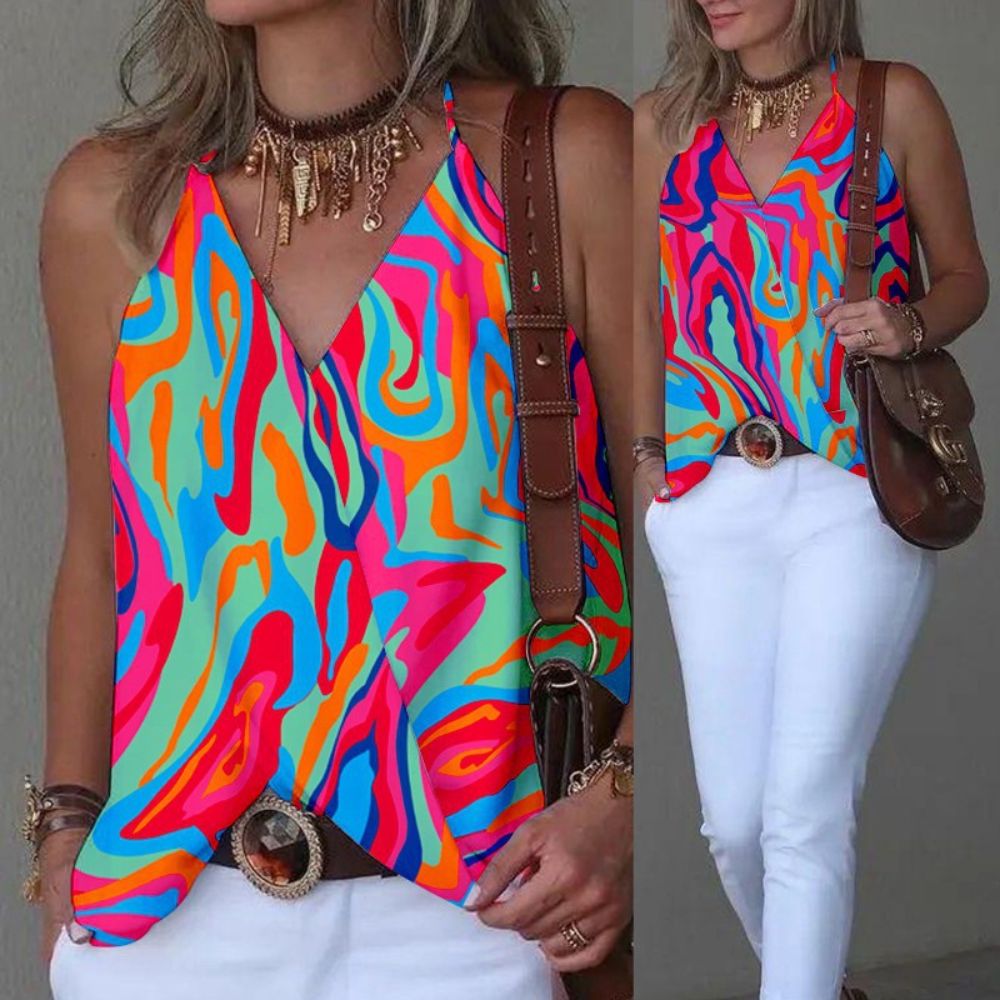 Abstract Print Halter Sleeveless Wrap Tank Top