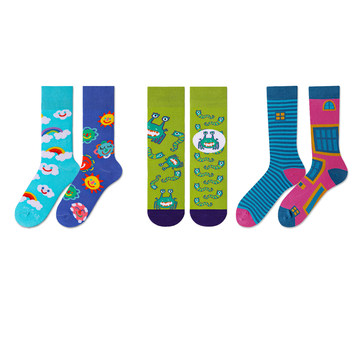 REINAREA Cartoon Pattern AB Asymmetrical Socks for Men & Women - Unique Mid-Calf Style Gift【065】