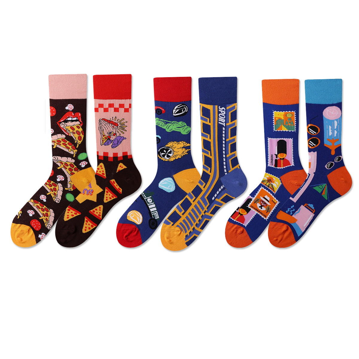 REINAREA Cartoon Pattern AB Asymmetrical Socks for Men & Women - Unique Mid-Calf Style Gift【065】