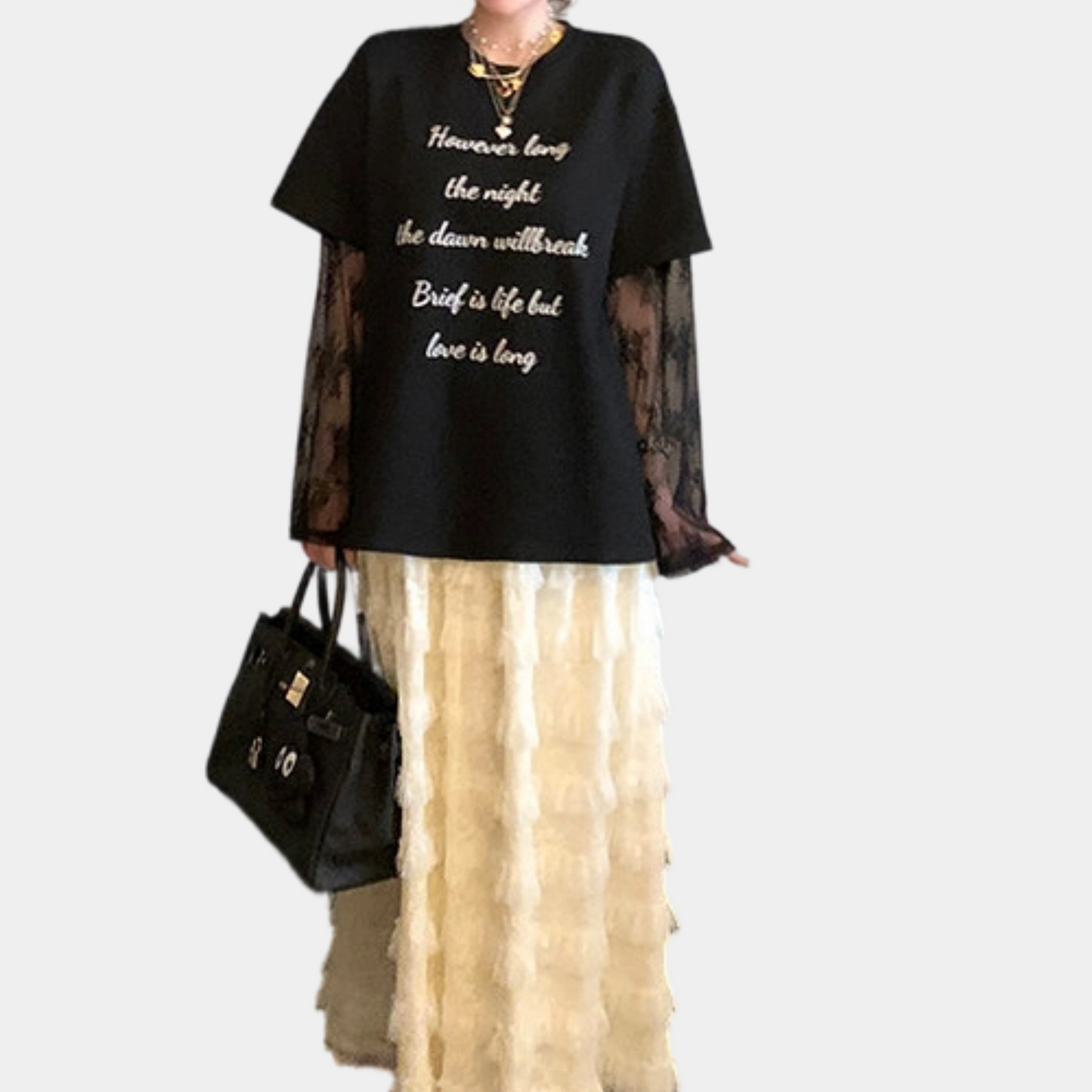 REINAREA New Spring Summer Fake Two-Piece Lace Splicing Long Sleeve T-Shirt