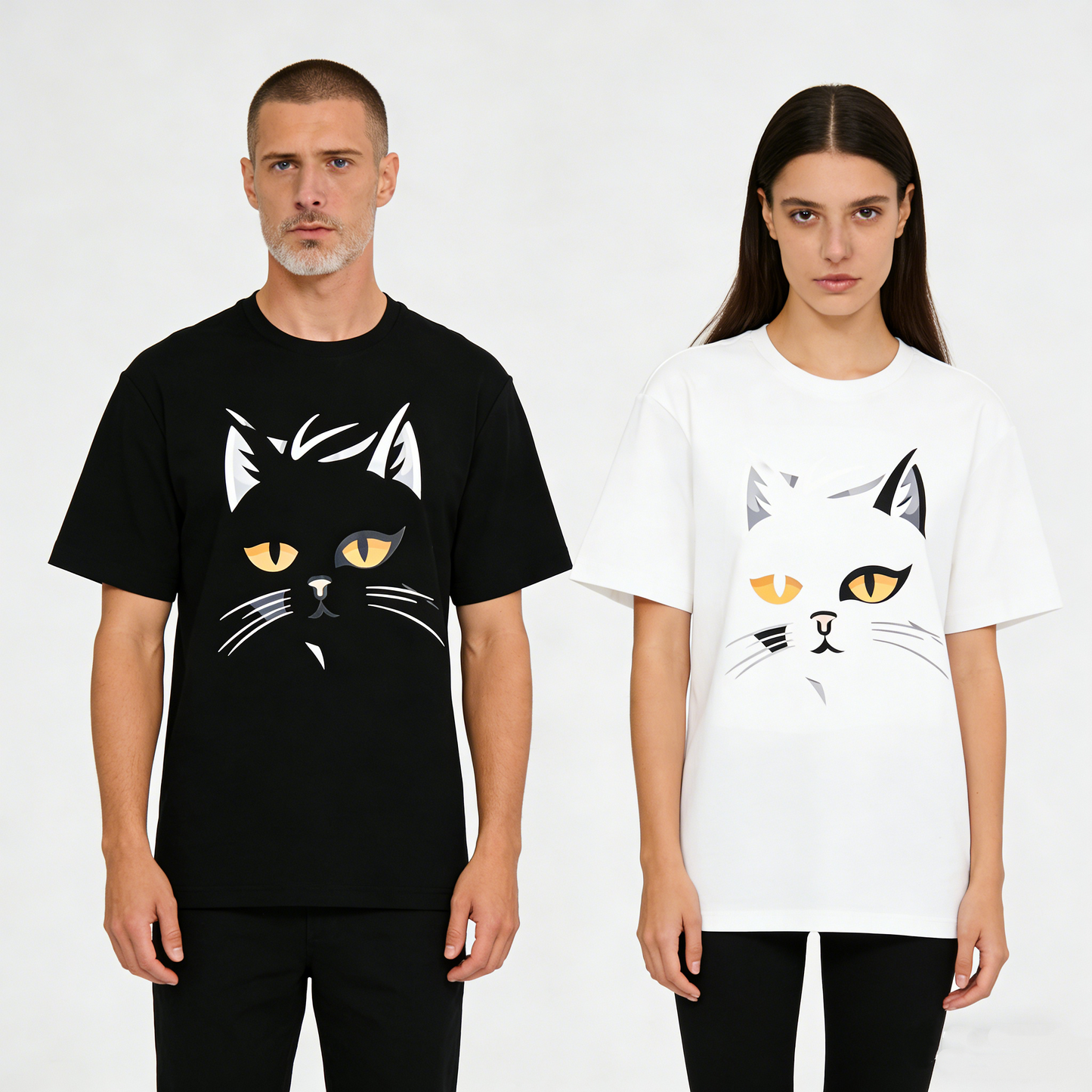 REINAREA Couples' Cat-Print Loose Cotton Short-Sleeve T-Shirt for Men & Women