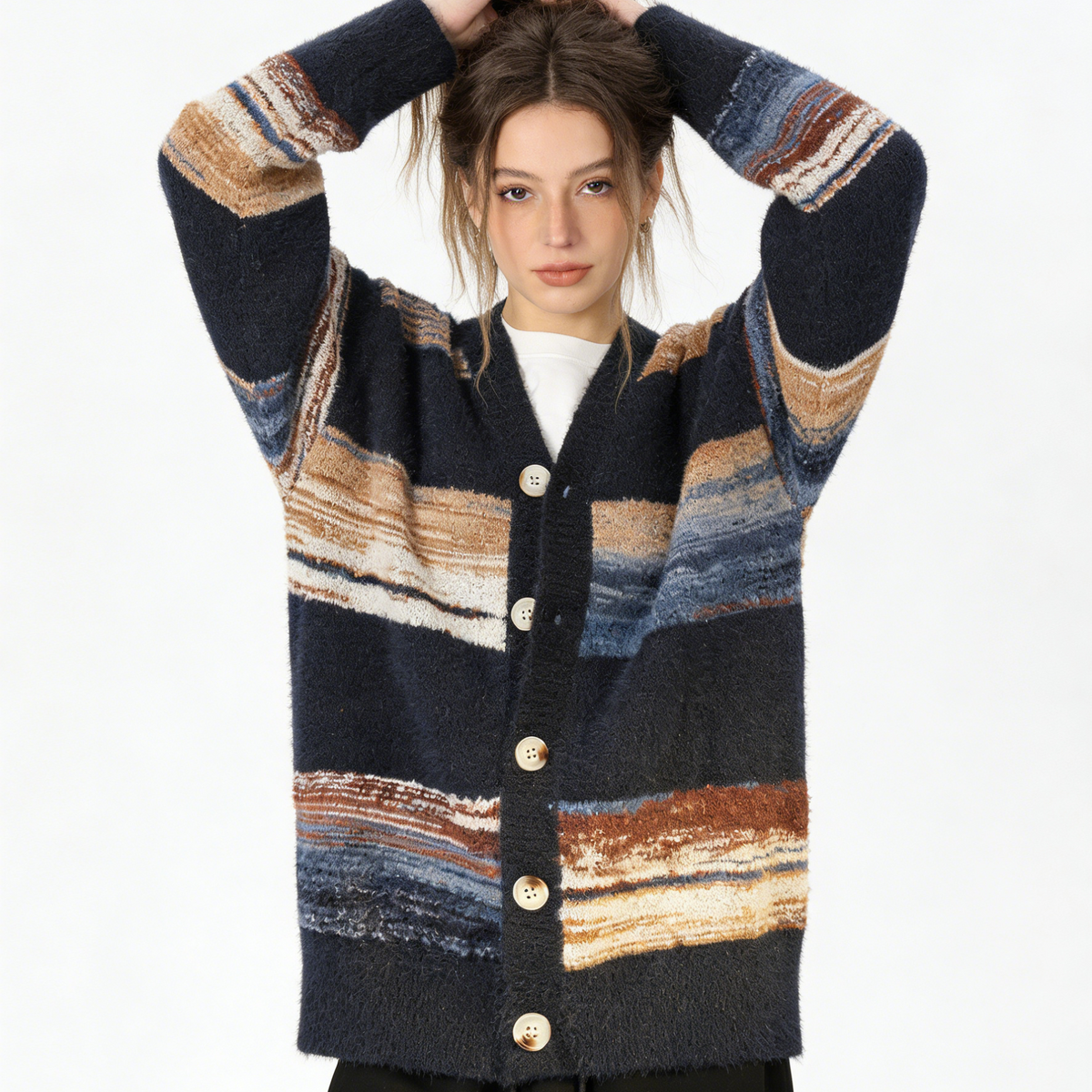 REINAREA Loose Striped Knitted Cardigan Women Casual Knit Sweater