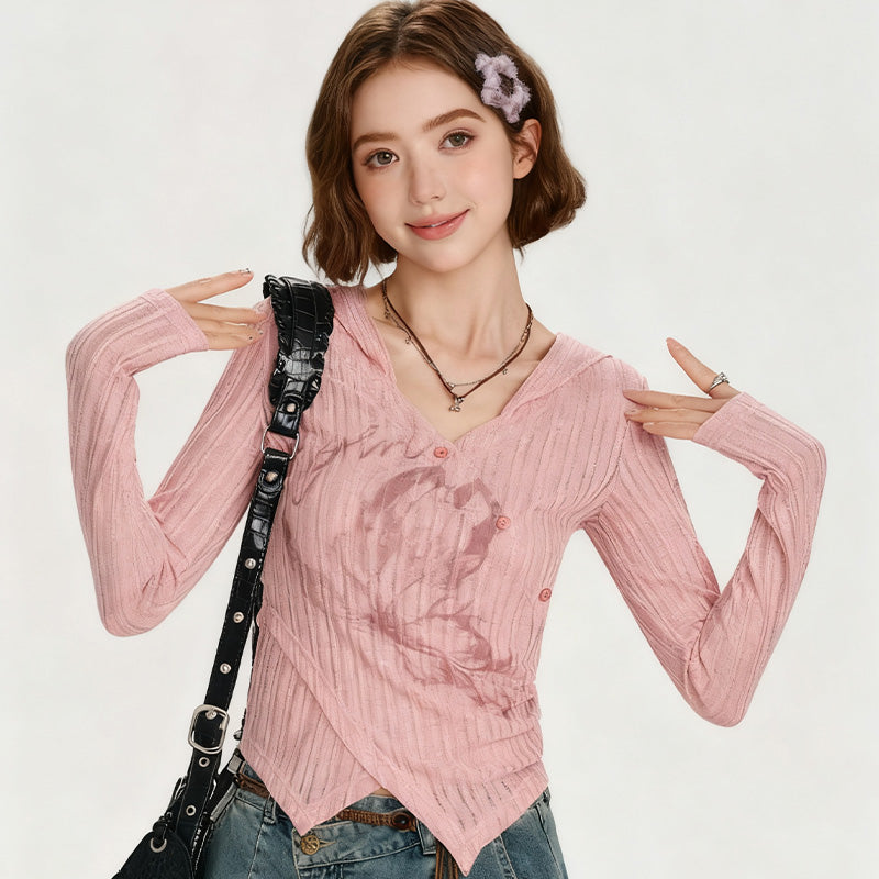 REINAREA Printed Hooded Long Sleeve T-Shirt Asymmetrical Top