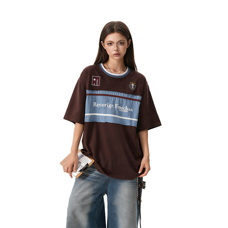 REINAREA Unisex Embroidered Paneled Short-Sleeve T-Shirt Preppy Style Couple’s Quarter-Sleeve Top