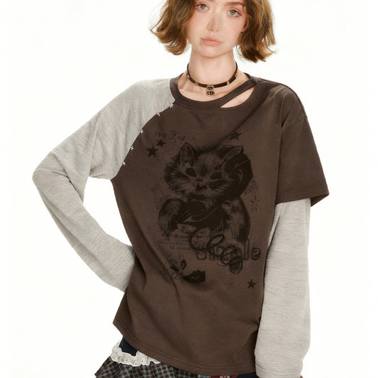 REINAREA American Retro Layered-Look Printed Long-Sleeve T-Shirt - Stylish Loose Top