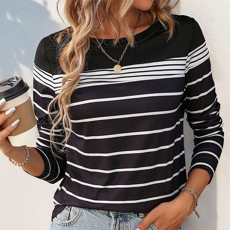 Black And White Casual Striped Long Sleeve T-shirt