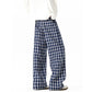 REINAREA Unisex American Retro Blue Plaid Pants Loose Straight-Leg Casual Trousers