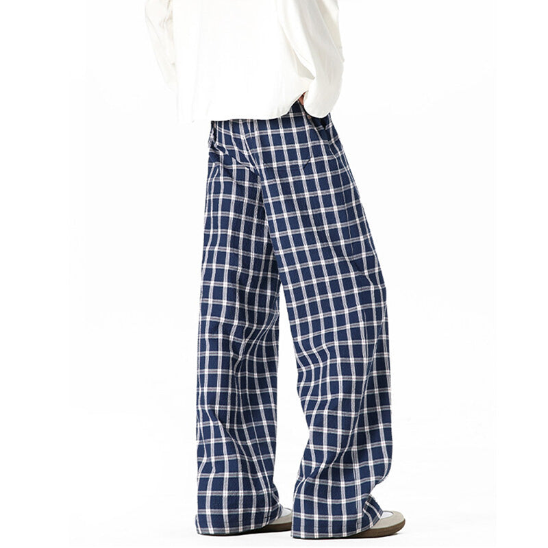 REINAREA Unisex American Retro Blue Plaid Pants Loose Straight-Leg Casual Trousers