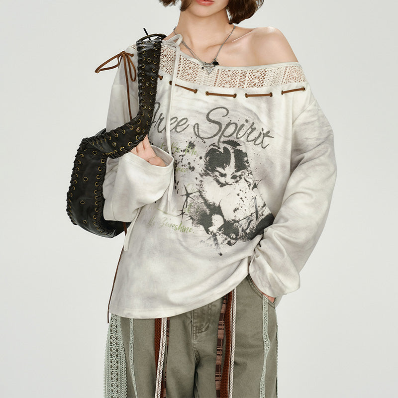 REINAREA American Retro Printed Paneled Stylish Long Sleeve T-Shirt