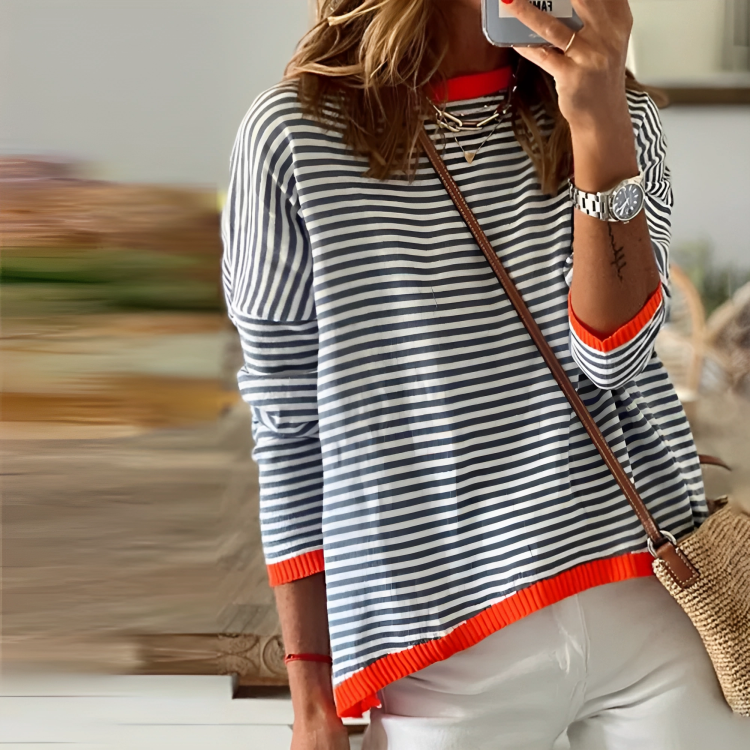 Orange Trim Navy and White Stripe Long Sleeve Top