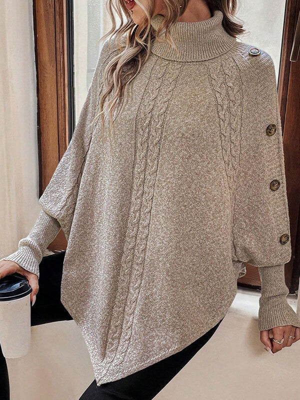 High Neck Button Up Long Sleeve Batwing Sweater