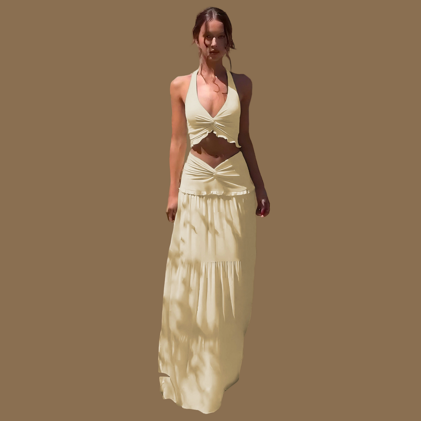 REINAREA Women Vacation Style Knot Halter Tie Top & V‑Shape Long Skirt 2 Piece Set