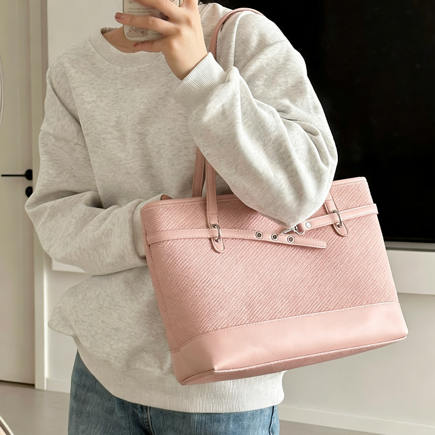 REINAREA Solid Color Large Capacity Tote Bag Commute Shoulder Bag