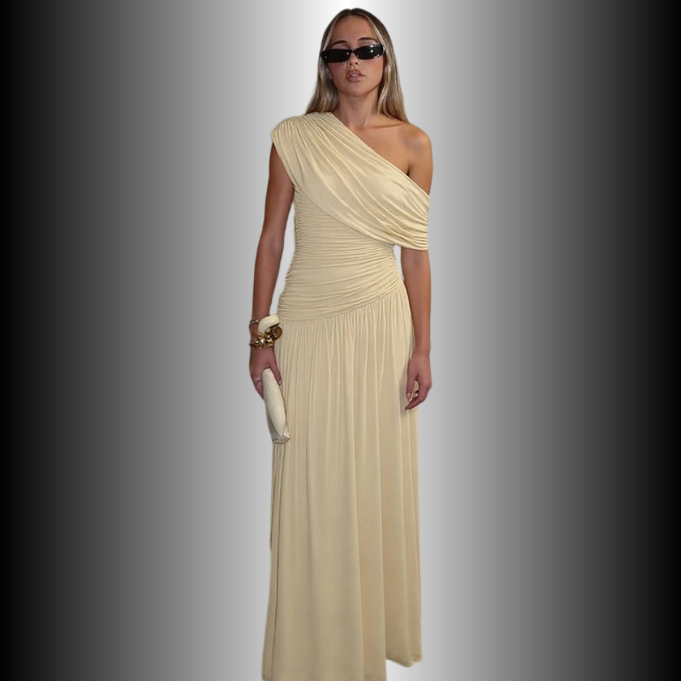 REINAREA New Spring & Summer  Women Asymmetrical Shoulder Ruched Long Dress