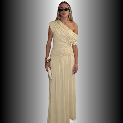 REINAREA New Spring & Summer  Women Asymmetrical Shoulder Ruched Long Dress