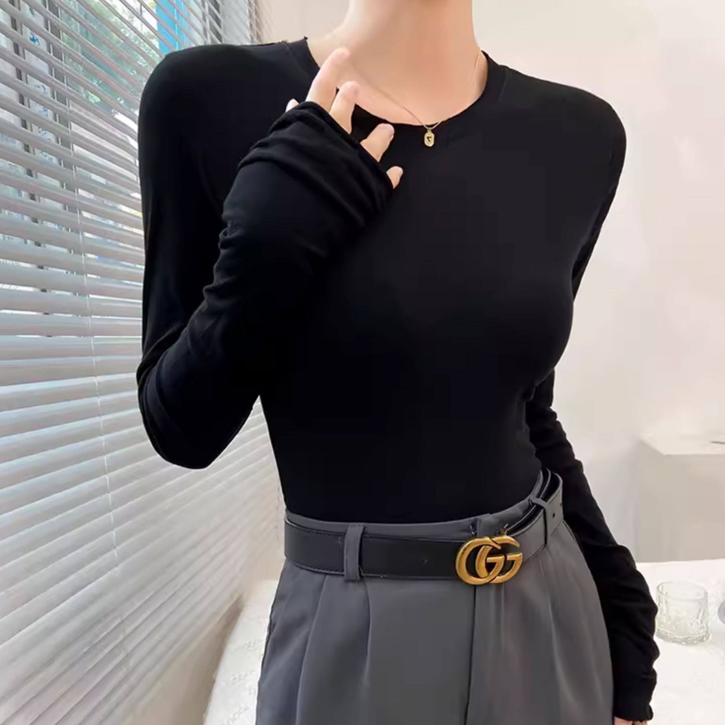 REINAREA Fluorescent Green Crew Neck Long Sleeve T-Shirt for Women UV Protection Sheer Layering Top【101】