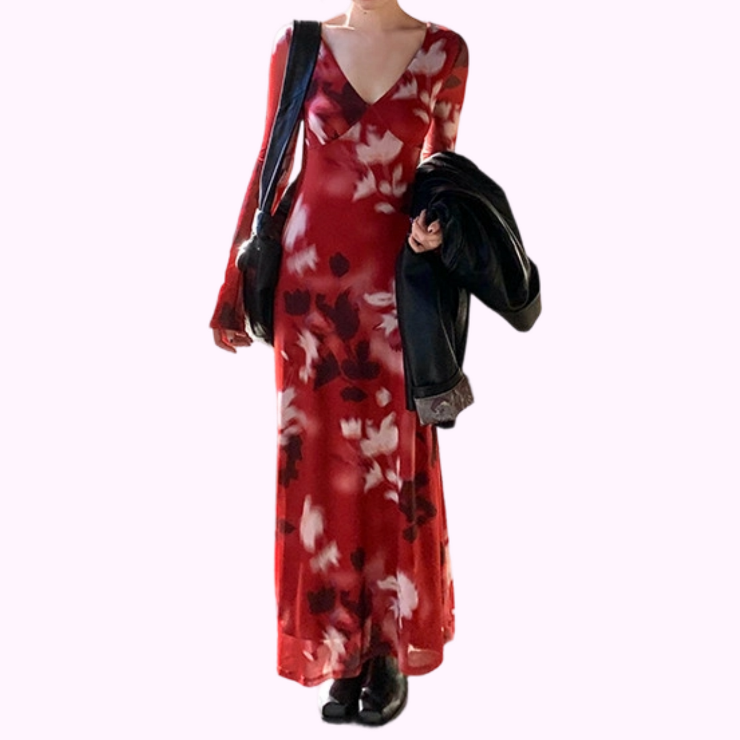 REINAREA New Spring Summer Women Retro Print V-Neck Long Dress