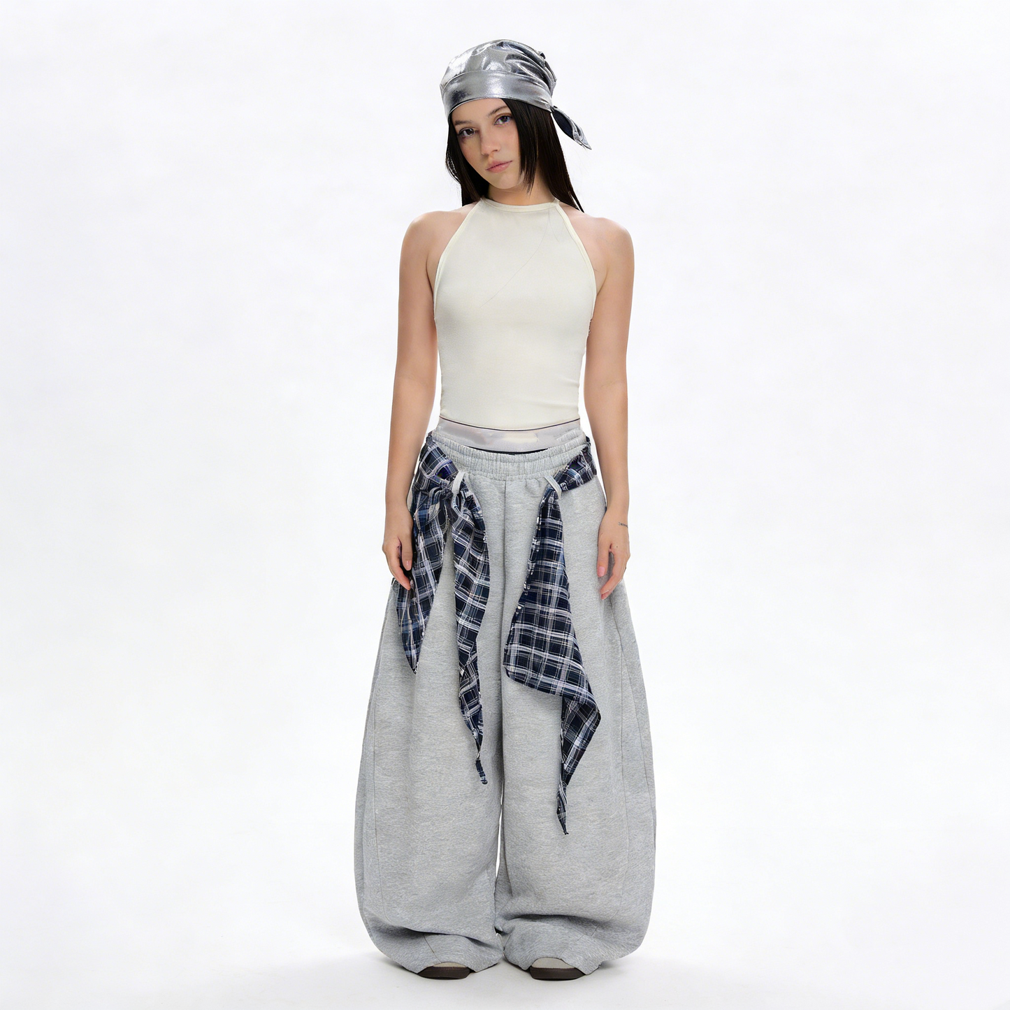REINAREA Women's American Retro Plaid Sweatpants Loose Wide-Leg Curved Pants【112】