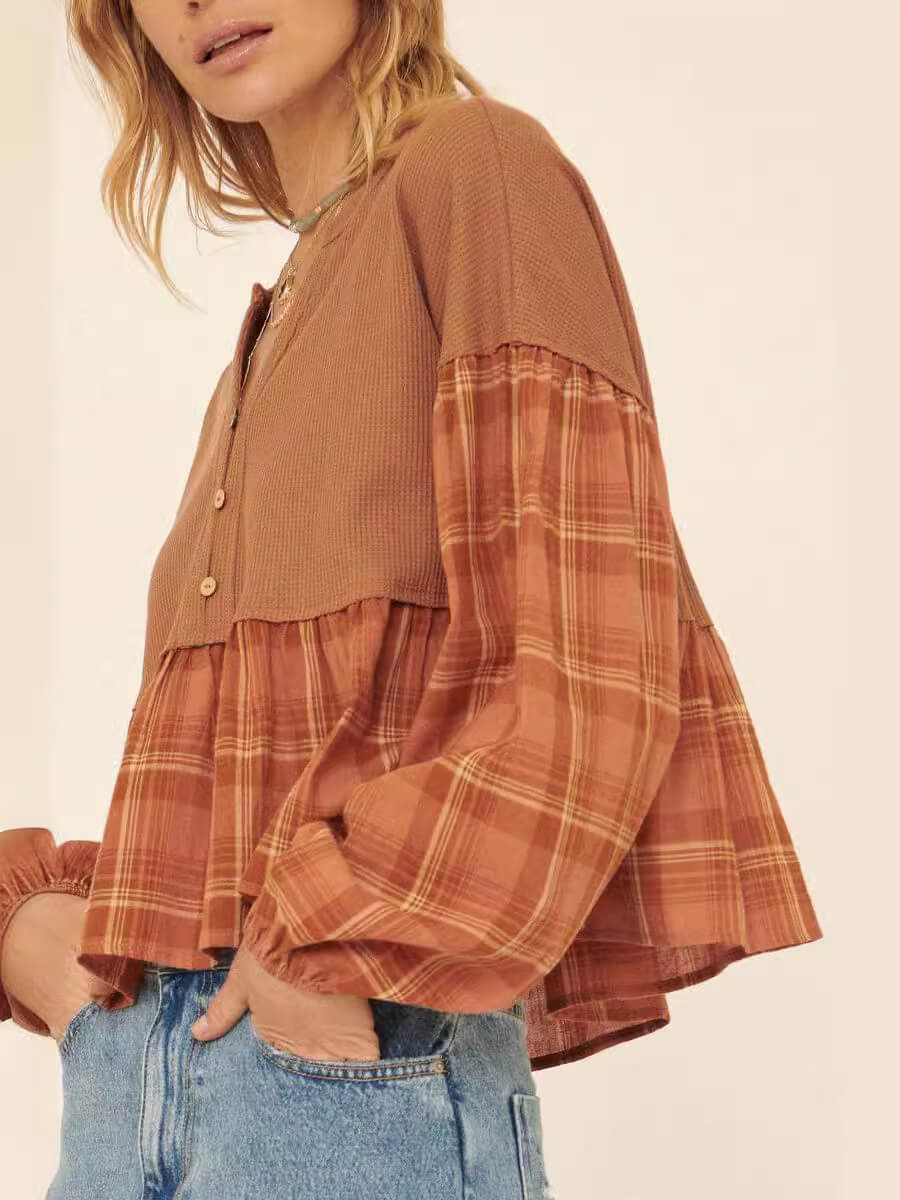 New Colorblocked Knit Plaid Long Sleeve Shirt