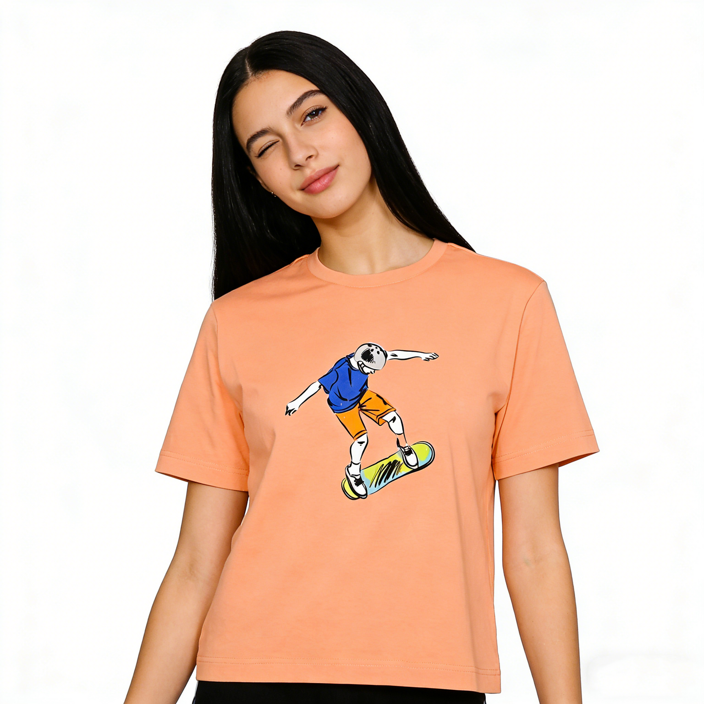 REINAREA Women’s Graffiti Skater Boy Print T-Shirt - Cotton Summer Short-Sleeve Top
